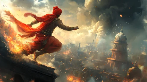 Heroic rooftop runner crossing a burning fantasy city.