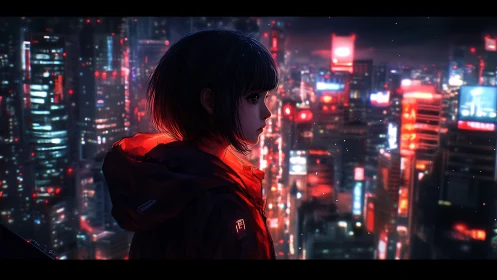 Solitary cyberpunk girl overlooking neon-soaked megacity.