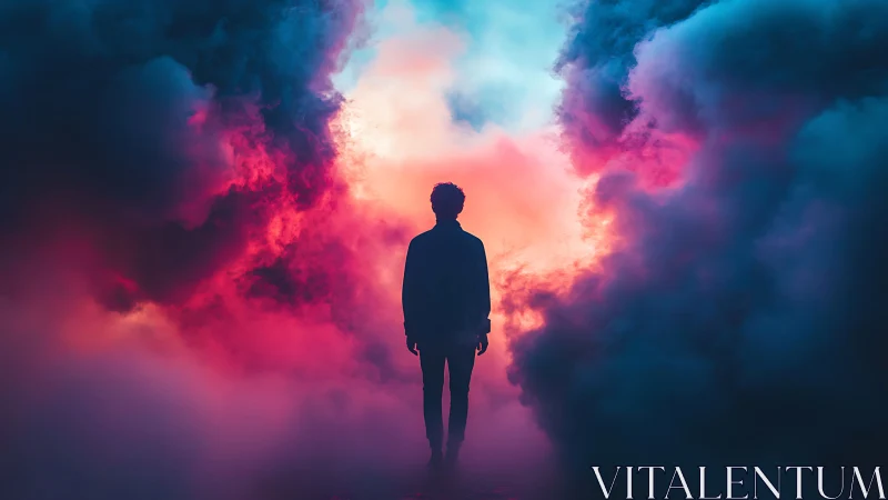 Backlit silhouette immersed in dense bicolor atmospheric fog field