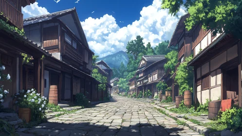 Traditional wooden street extends toward distant forested hills