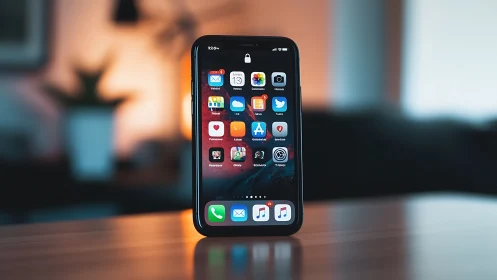 iPhone home screen display on wooden surface with blurred background.