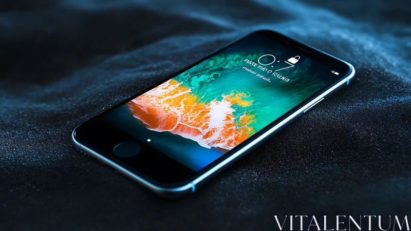 Smartphone displaying satellite earth imagery on dark surface.