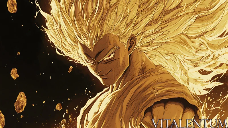 Anime power-figure portrait with dynamic golden energy field.