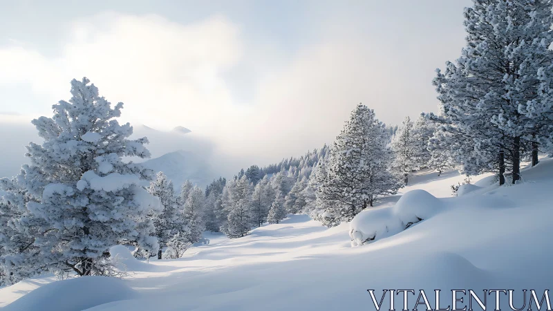 Snow-covered conifer forest on sloping alpine terrain.