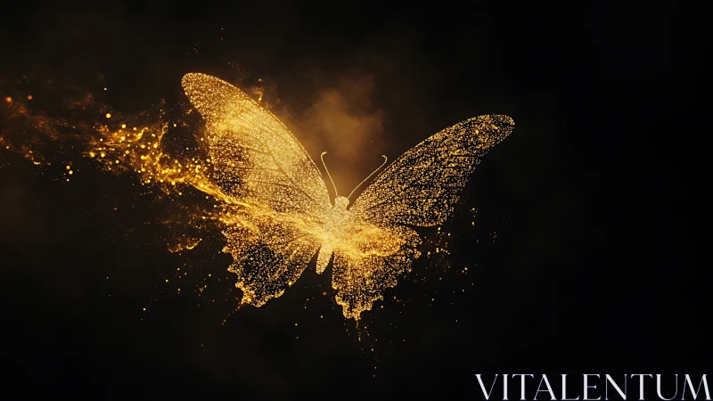 Golden particle butterfly silhouette forms against dark background.