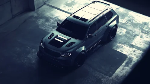 Midnight SUV poised for adventure in a quiet city garage.