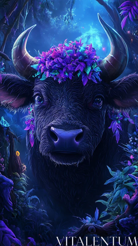 Gentle forest buffalo crowned in glowing violet flowers.