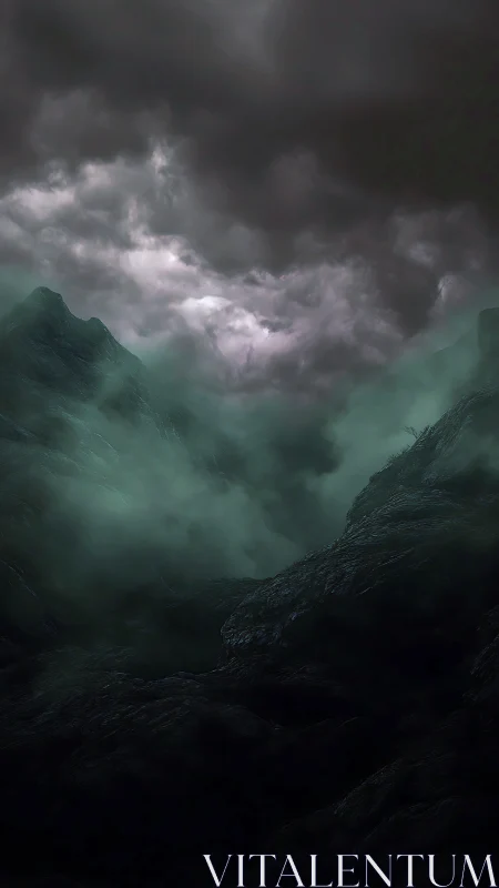 Storm-laden mountain ravine under turbulent emerald fog.