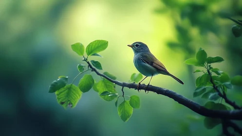 Small songbird perched on leafy branch in soft, dreamy light.