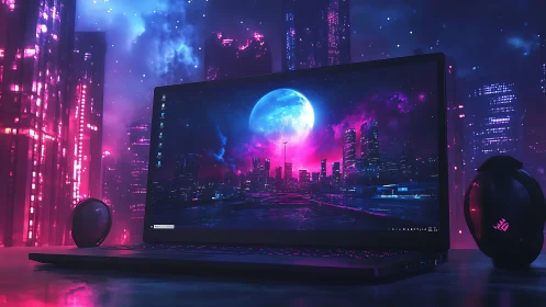 Gaming laptop glows against neon cyberpunk cityscape night