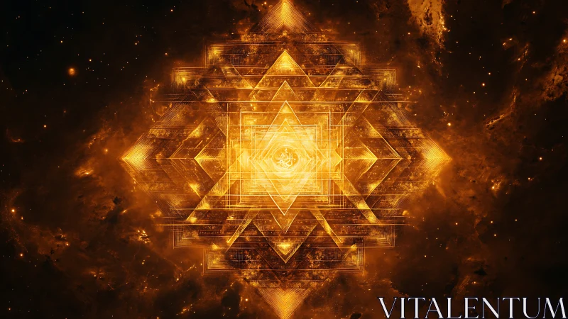 Geometric golden mandala radiating within cosmic nebula.