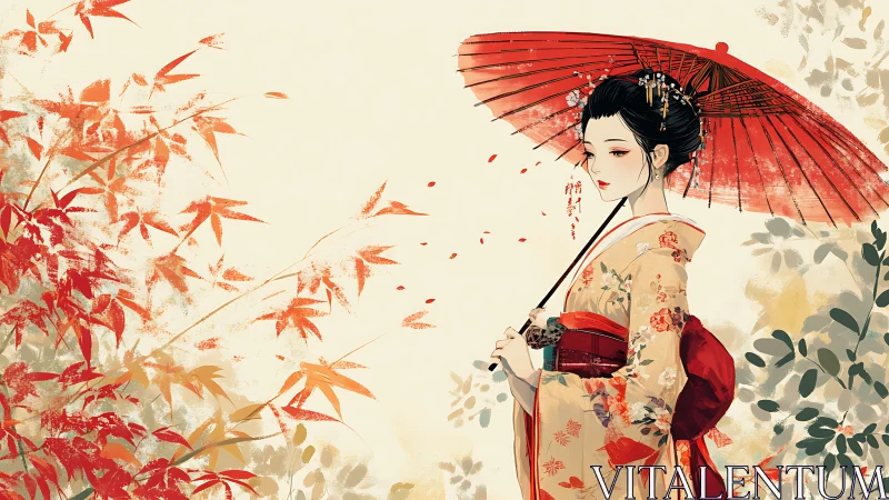 Autumn kimono whisper beneath a crimson paper parasol.