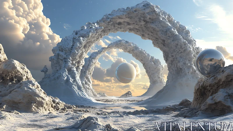 Icy arch formations frame reflective spheres in alien vista