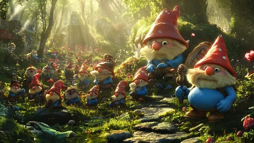 Procedural gnome colony along volumetric forest pathway.