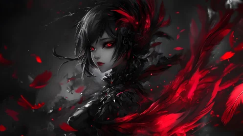 Crimson-eyed raven sorceress amid swirling bloodlit feathers.