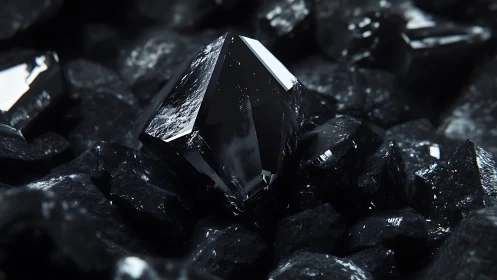 Specular black crystal cluster with high-gloss facets rendered.