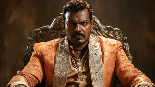 Regal portrait of stern monarch in ornate brocade regalia.