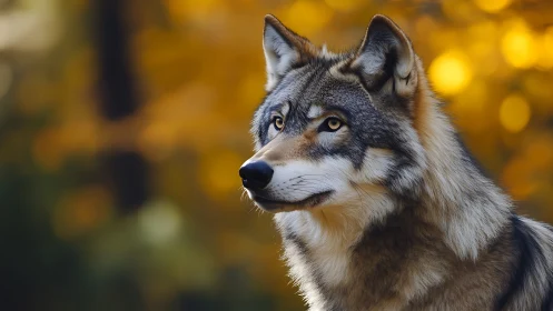 Gentle autumn wolf gazing softly through golden forest light.