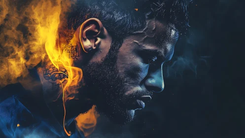 Fiery athlete portrait merges focus, sweat and glowing flames