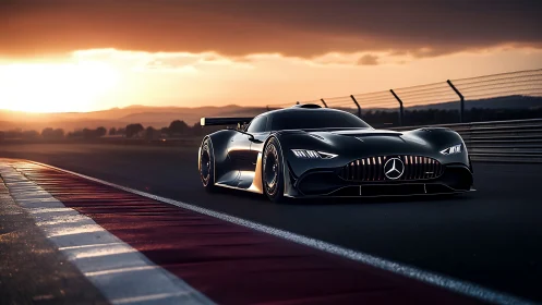 Mercedes hypercar on sunset racetrack with dramatic lighting.