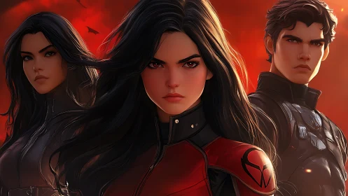 Three determined heroes against red storm sky backdrop.