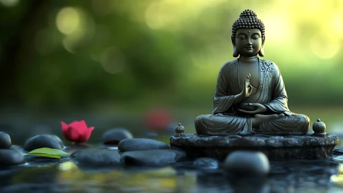 Seated Buddha statue is centered on stones in shallow water