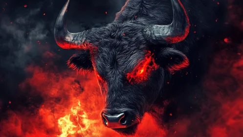 Infernal bull portrait rendered in high-contrast digital flames