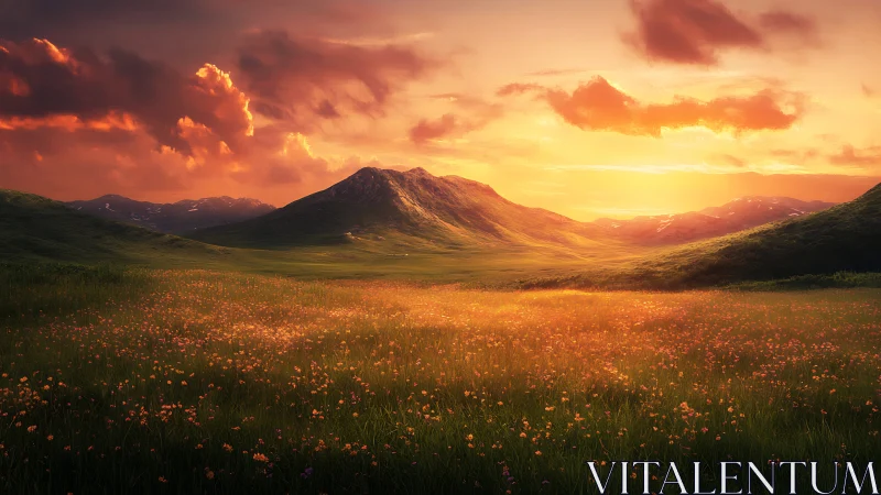 Sunlit wildflower valley cradled by glowing twilight peaks.
