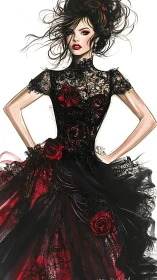 Digital fashion illustration of gothic lace ball gown design.