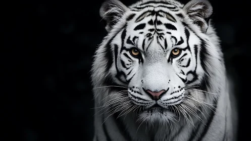 White tiger portrait shows frontal head view in low key lighting