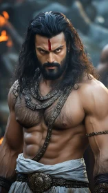 Mythic warrior stands shirtless under dramatic firelight.