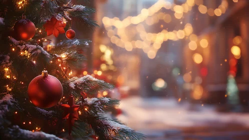Snow-dusted red ornaments on outdoor Christmas tree at night.