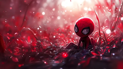Tiny spider hero daydreams in a glowing crimson meadow