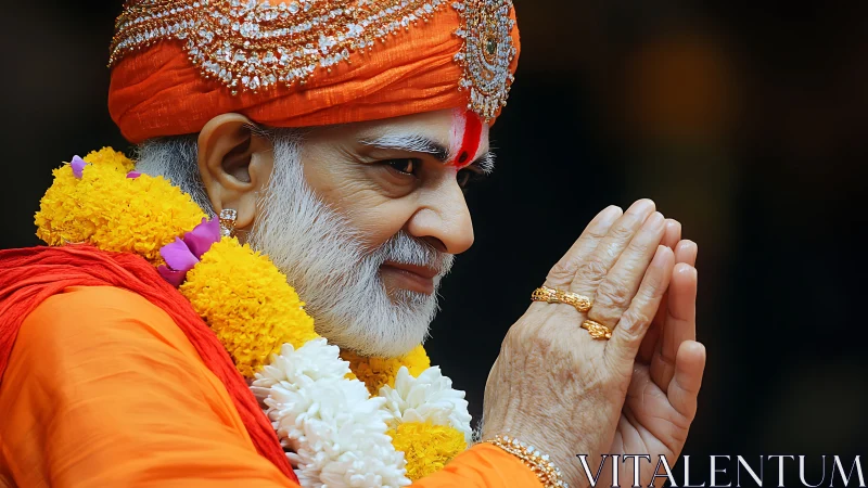 Side-profile devotional portrait with ornate saffron regalia.
