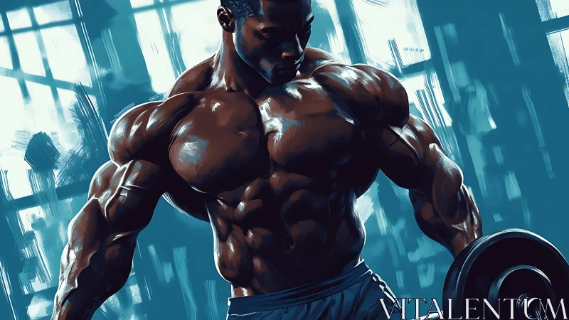 Muscular bodybuilder lifts dumbbell under cool studio light