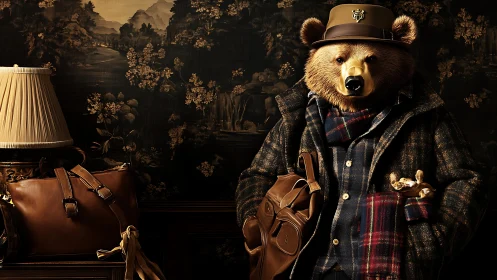 Urbane anthropomorphic bear in tailored fieldwear ensemble.