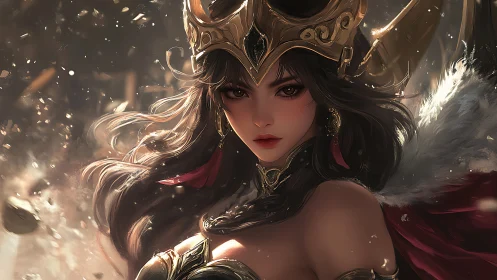 Regal warrior queen amid swirling embers and golden light.