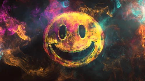 Neon smoke smiley face symbol on dark abstract background.