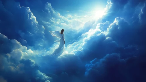 Luminous angel ascending through radiant celestial clouds.