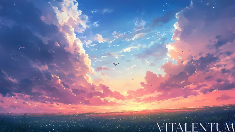 Skyline meadow under candyfloss clouds at glowing dusk.