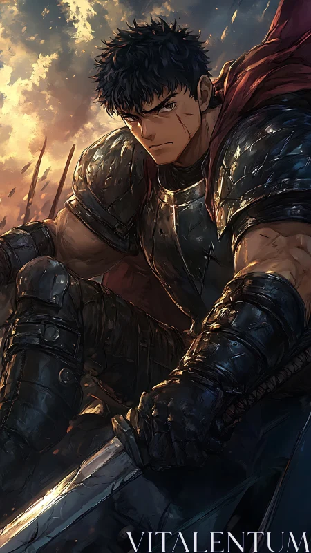 Dynamic armored warrior portrait in dramatic digital painting.