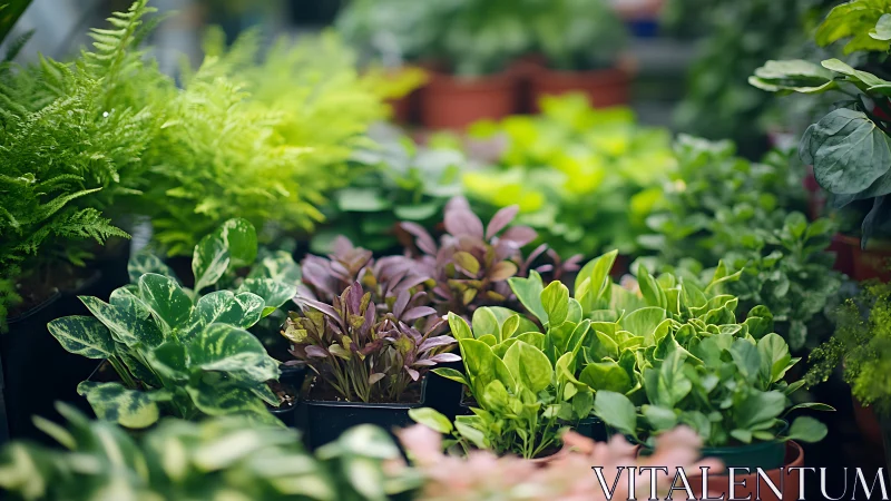 Potted foliage plants arranged in shallow-depth greenhouse study
