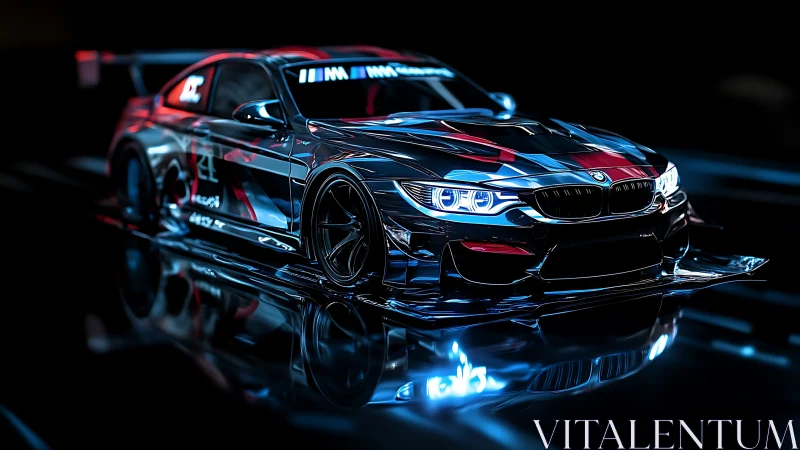 Sleek neon race car gliding through a glowing night track.