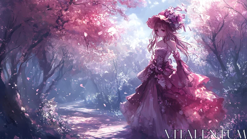 Female figure stands in pink forest path under diffuse light