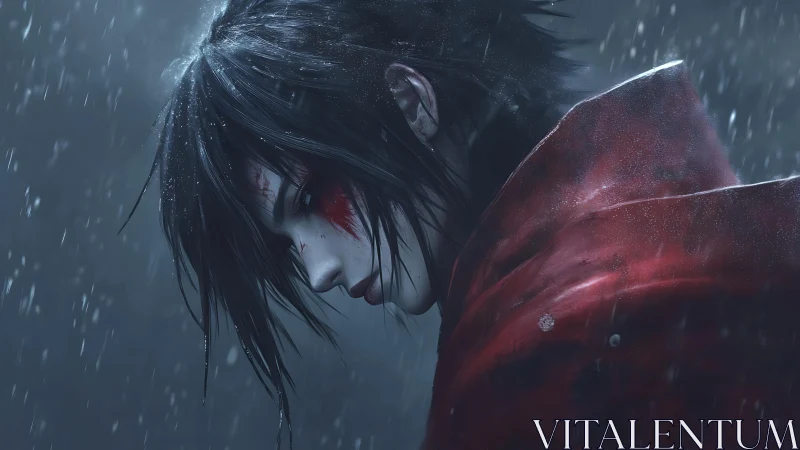 Stoic warrior in rain with crimson cloak and scarred face.