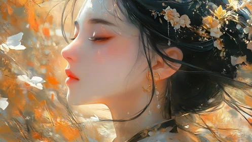 Gentle autumn muse closes her eyes in a golden daydream