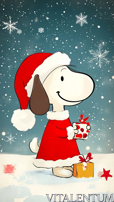 Cartoon beagle in Santa outfit stands in stylized snowfall