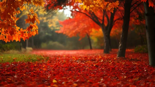 Crimson leaf river winding through a quiet autumn dreamscape.
