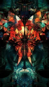 Symmetrical fractal totem with fiery lotus core and teal shell