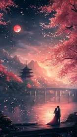 Couple embraces beside moonlit lake under pink blossoms